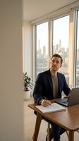 Professional businessman working at laptop in modern office with city skyline view through large windows during golden hour lighting.