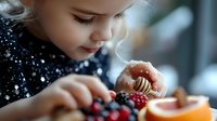 Young caucasian girl in sparkly dress enjoying fresh berries and citrus fruits at breakfast table, close-up portrait with soft natural lighting and shallow depth of field.