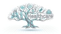 AI healthcare technology tree with medical icons and digital elements for modern medicine and artificial intelligence applications.