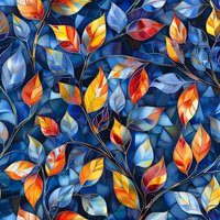Vibrant autumn leaves pattern with blue and orange foliage on dark background. Seamless repeat design featuring glowing golden branches and luminous botanical elements.