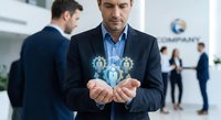 Professional businessman displaying holographic human resources icons in modern office environment representing talent management and employee development solutions.