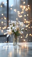 White lilies in glass vase on marble surface with sparklers and bokeh lights creating magical festive atmosphere, romantic celebration mood.