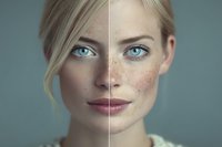 Young blonde woman face split showing before and after skincare treatment results with clear skin transformation for beauty and cosmetic advertising.
