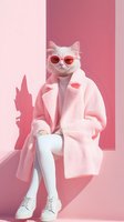 Stylish white cat wearing pink coat, heart sunglasses, white sneakers and tights poses against pink wall. Fashion forward feline with attitude for social media.