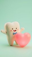 Cute tooth character with pink heart on mint green background for dental care and oral health campaigns.