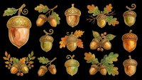 Autumn acorn clipart set with oak leaves and berries, isolated on transparent background. Great for fall T-shirts, stickers, print on demand, and sublimation designs.