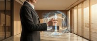 Professional businessman in dark suit interacting with futuristic holographic interface displaying scales of justice in modern office environment.