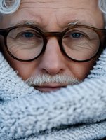 Close-up portrait of elderly Caucasian man with gray hair and beard wearing round glasses and knit scarf, showing wisdom and experience in aging concept.