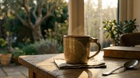 Rustic golden mug on wooden table by sunny window with potted plants and garden view, warm morning light for home decor and lifestyle content.