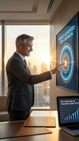 Confident middle-aged Caucasian businessman in suit interacting with futuristic holographic interface displaying growth analytics in modern office.
