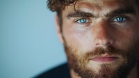 Close up portrait of young Caucasian male with bright blue eyes, ginger beard, and freckles against blurred turquoise background, showing natural facial features.