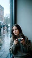 Pensive woman holding warm beverage by rainy window overlooking urban cityscape, wearing cozy sweater, contemplative mood for lifestyle and wellness content.