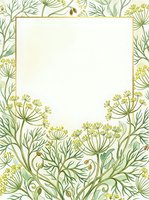 Botanical frame with hand-drawn fennel and dill plants featuring delicate yellow flowers and green stems surrounding a blank white center space, suitable for invitations, stationery, and design layouts.
