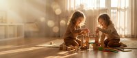 Two young children playing with wooden building blocks on floor in warm sunlit room with golden light streaming through windows creating cozy atmosphere.
