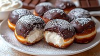 Fresh chocolate glazed donuts filled with vanilla cream, dusted with powdered sugar on white plate. Close up view of homemade pastries for dessert menu.