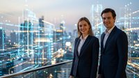 Professional business partners standing in modern office with city skyline view at dusk, corporate teamwork and success concept for presentations.