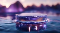 Futuristic glass podium floating on water surface with purple mountain landscape at sunset for product display and presentation.