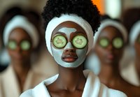 Young African American woman wearing white facial mask and cucumber slices on eyes at spa, with group of women in background receiving beauty treatments.