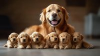 Golden retriever mother dog with six adorable puppies lying in row on wooden floor, showing happy expression and family bond in warm natural lighting.