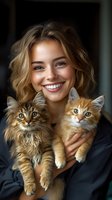Young Caucasian woman with blonde wavy hair holding two adorable kittens - a fluffy tabby and ginger kitten - while smiling warmly against dark background.
