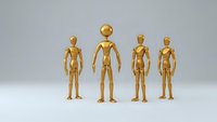 Golden wooden mannequins standing in row on white background. Artist drawing figures for anatomy study and creative design projects.