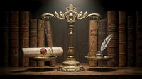 Ornate golden scales of justice with feather quill and legal documents surrounded by vintage leather-bound law books on wooden desk for legal services.