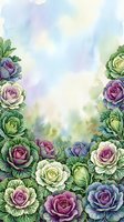 Watercolor rose garden border with purple, pink, and cream blooms framing soft pastel sky background, isolated on white for greeting cards, invitations, and design projects.