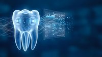 Digital tooth hologram with data analytics interface displaying dental health metrics and diagnostic information on blue technology background.