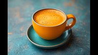 Orange ceramic cup filled with fresh espresso coffee on turquoise saucer against textured blue background, with golden crema and tiny bubbles on surface.