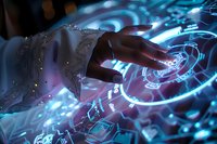 Businessman hand touching futuristic holographic interface with glowing digital data streams and virtual reality technology elements for innovation.