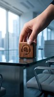 Hand placing wooden cube with customer service headset icon on office desk for business communication and support concepts.