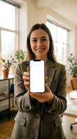 Professional businesswoman in gray suit holding smartphone with blank white screen in modern office with plants for app mockup presentation.