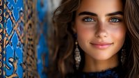 Young woman with long brown wavy hair, fair complexion, and blue eyes wearing dangling earrings against ornate blue patterned wall backdrop for portrait photography.