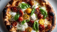 Artisan Neapolitan pizza with fresh mozzarella, colorful cherry tomatoes, basil leaves and herbs on wood-fired crust for Italian cuisine and restaurant menus.