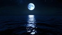 Full moon rising over dark ocean waters creating luminous reflection on rippling waves at night, stars twinkling in clear sky. Mystical moonlit seascape.
