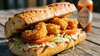 Crispy fried chicken sandwich with golden breaded cutlets, fresh tomato and lettuce on crusty artisan bread roll served on wooden table for comfort food dining.