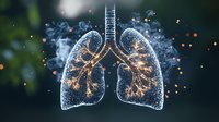 Glowing anatomical lungs with luminous bronchial tree structure emerging from smoke and sparkles against dark background, medical science visualization.