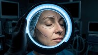 Young Caucasian woman face with digital scanning lines and futuristic blue circular interface for biometric identification and facial recognition technology.