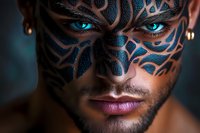 Young male model with tribal face paint pattern in black and dramatic bright blue eyes against dark background, artistic makeup for fashion and fantasy concepts.