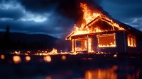 Dramatic night scene of wooden house engulfed in flames against dark stormy sky, with fire reflection in water puddles creating atmospheric mood for emergency concepts.