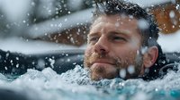 Middle-aged Caucasian man enjoying cold water swimming with water splashing around his face during winter outdoor activity for wellness and fitness.
