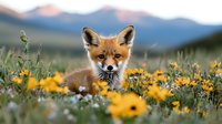Young red fox kit sitting among yellow wildflowers in mountain meadow, looking directly at camera with alert expression against blurred natural background.
