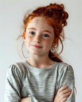 Young redhead girl with freckles wearing gray sweater smiles confidently with arms crossed against light background, natural beauty portrait showcasing authentic expression.