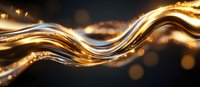 Luxurious golden wave with glowing particles flows on dark background creating elegant dynamic motion effect. Abstract design for luxury branding.