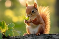 Red squirrel eating green acorn on tree branch with golden sunlight and bokeh background in natural forest habitat during autumn season.