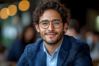 Young Hispanic businessman wearing glasses and navy blazer smiling confidently in office environment with soft bokeh background lighting, professional corporate portrait.