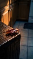 Brown cockroach crawling on wooden kitchen cabinet edge with blurred domestic interior background for pest control and household hygiene concepts.