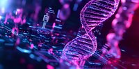 Glowing DNA helix structure in purple and blue neon colors against dark background with digital elements and particles creating futuristic scientific atmosphere.
