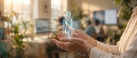Hands holding glowing digital human hologram in modern office environment, representing innovation, technology, and future business solutions for corporate presentations.