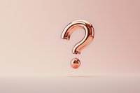 Metallic rose gold question mark floating on soft pink background, minimal design concept for FAQ, help, or uncertainty in modern business presentations.
